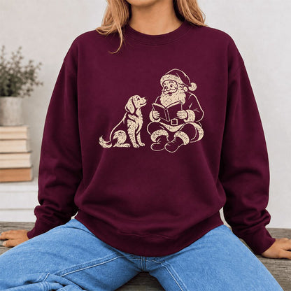 Golden Retriever And Santa Reading Printed Sweatshirt | Christmas Reader Gift Maroon