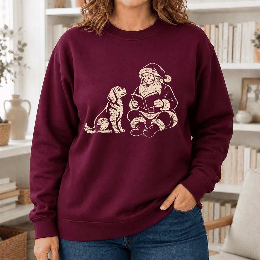 Golden Retriever And Santa Reading Printed Sweatshirt | Christmas Reader Gift Maroon