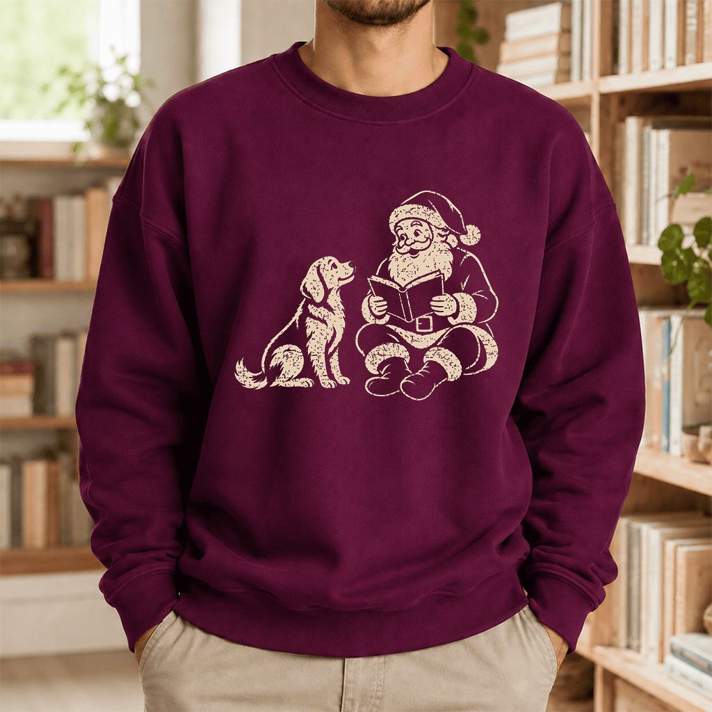 Golden Retriever And Santa Reading Printed Sweatshirt | Christmas Reader Gift Maroon