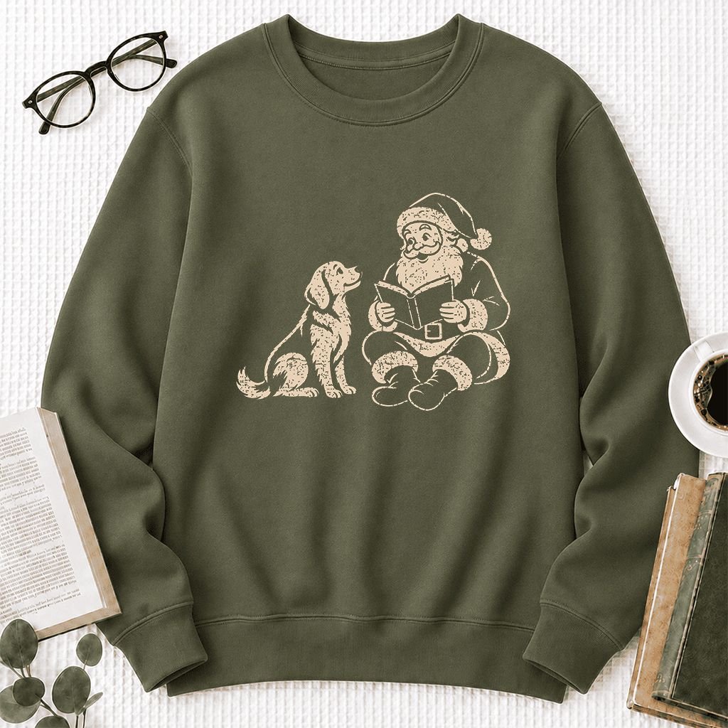 Golden Retriever And Santa Reading Printed Sweatshirt | Christmas Reader Gift Military Green