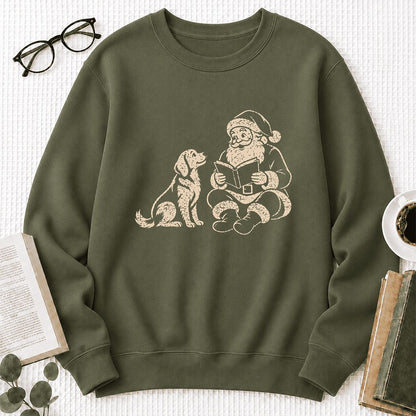 Golden Retriever And Santa Reading Printed Sweatshirt | Christmas Reader Gift Military Green
