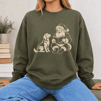 Golden Retriever And Santa Reading Printed Sweatshirt | Christmas Reader Gift Military Green