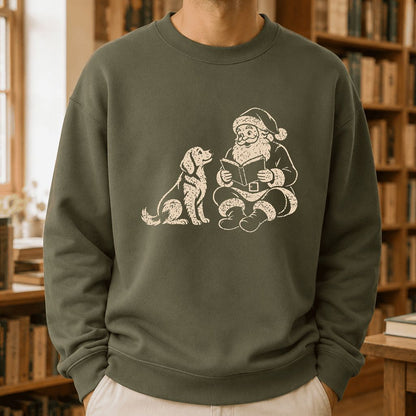 Golden Retriever And Santa Reading Printed Sweatshirt | Christmas Reader Gift Military Green