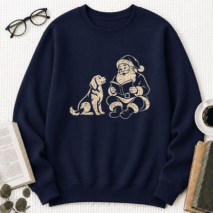Golden Retriever And Santa Reading Printed Sweatshirt | Christmas Reader Gift Navy