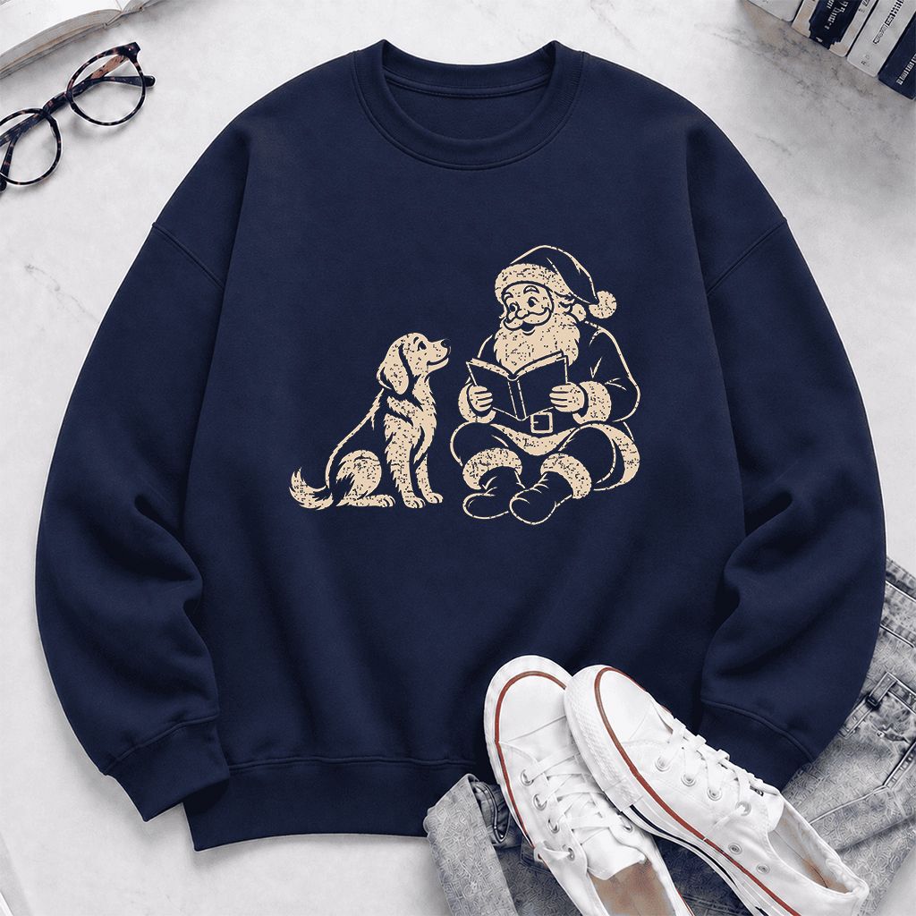 Golden Retriever And Santa Reading Printed Sweatshirt | Christmas Reader Gift Navy