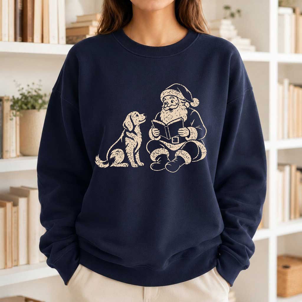 Golden Retriever And Santa Reading Printed Sweatshirt | Christmas Reader Gift Navy