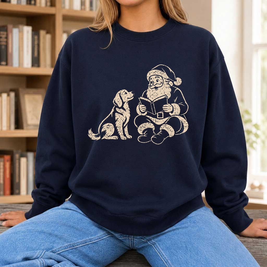 Golden Retriever And Santa Reading Printed Sweatshirt | Christmas Reader Gift Navy