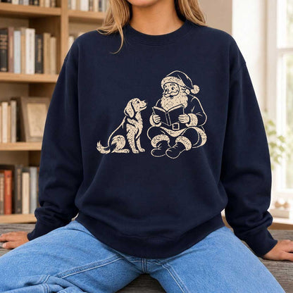 Golden Retriever And Santa Reading Printed Sweatshirt | Christmas Reader Gift Navy