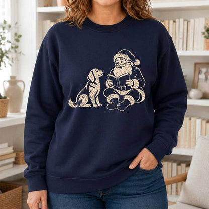 Golden Retriever And Santa Reading Printed Sweatshirt | Christmas Reader Gift Navy