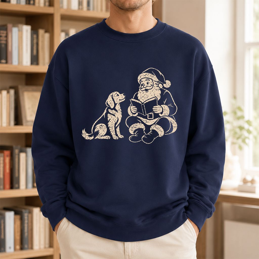 Golden Retriever And Santa Reading Printed Sweatshirt | Christmas Reader Gift Navy
