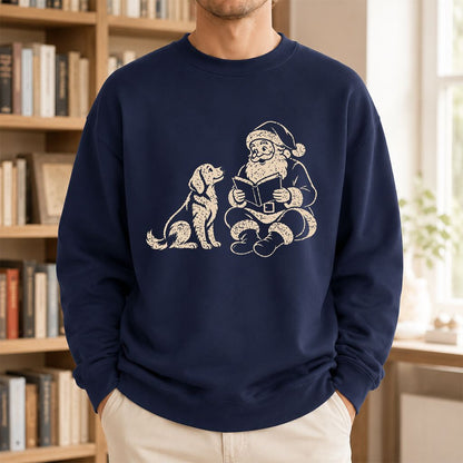 Golden Retriever And Santa Reading Printed Sweatshirt | Christmas Reader Gift Navy