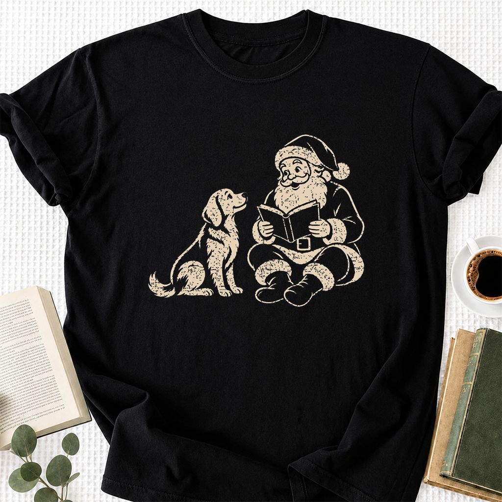 Golden Retriever And Santa Reading Printed T-Shirt | Christmas Reader Gift Black