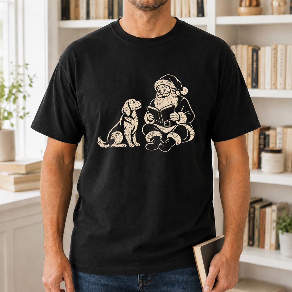 Golden Retriever And Santa Reading Printed T-Shirt | Christmas Reader Gift Black