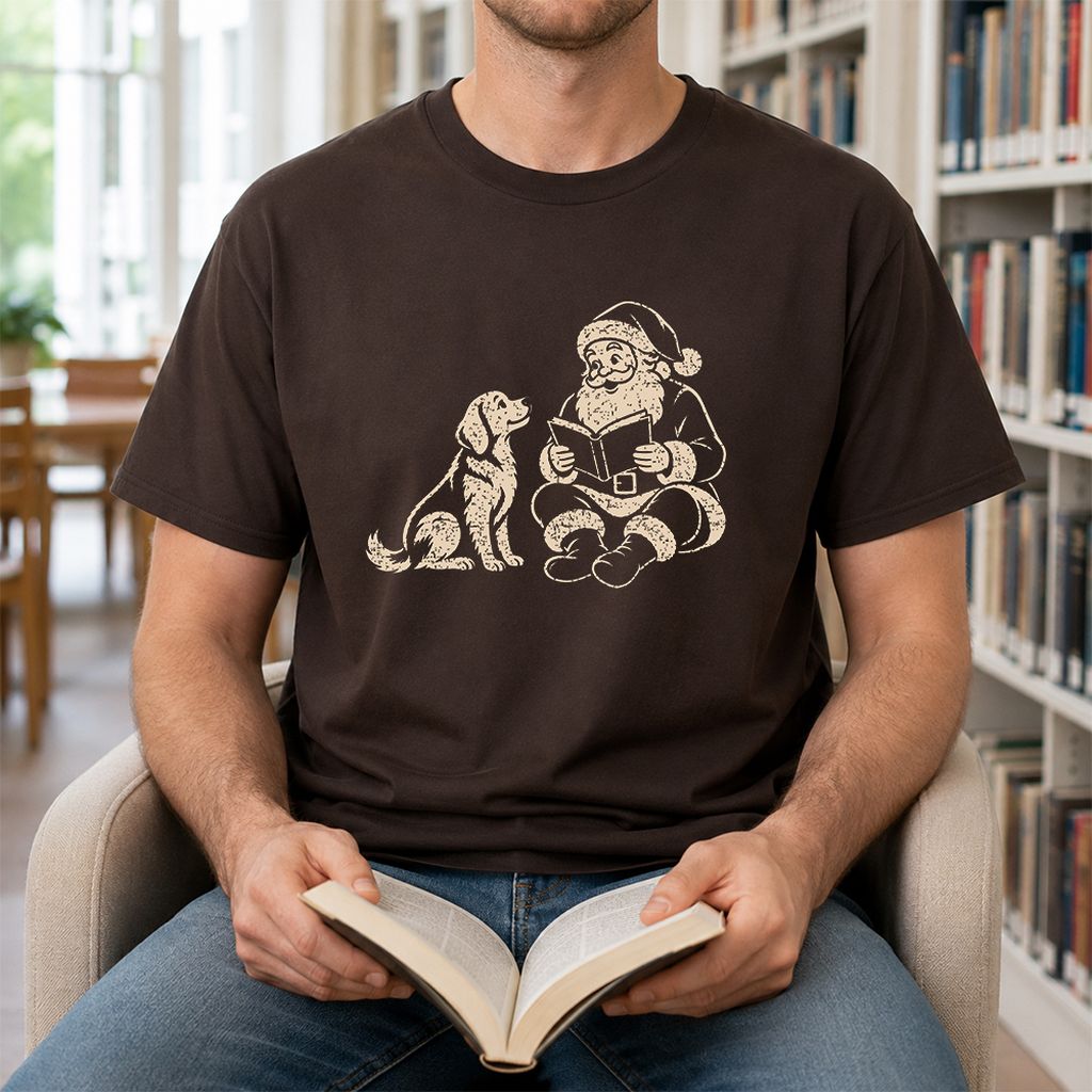 Golden Retriever And Santa Reading Printed T-Shirt | Christmas Reader Gift Dark Chocolate