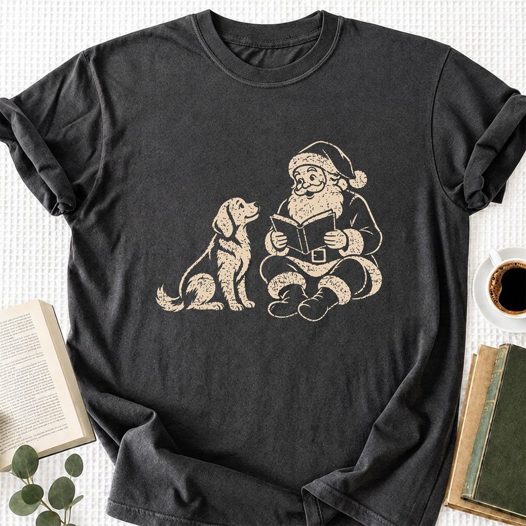 Golden Retriever And Santa Reading Printed T-Shirt | Christmas Reader Gift Dark Heather
