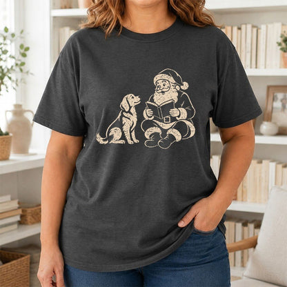 Golden Retriever And Santa Reading Printed T-Shirt | Christmas Reader Gift Dark Heather