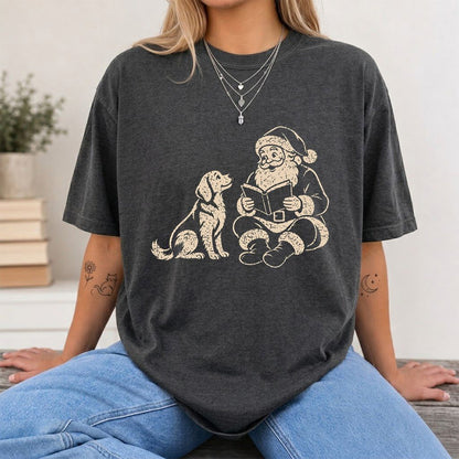 Golden Retriever And Santa Reading Printed T-Shirt | Christmas Reader Gift Dark Heather
