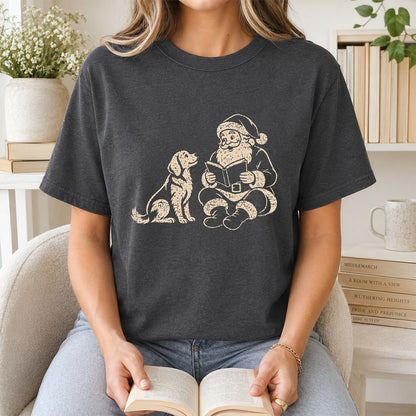 Golden Retriever And Santa Reading Printed T-Shirt | Christmas Reader Gift Dark Heather