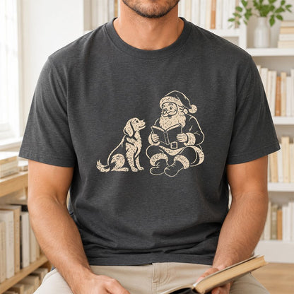 Golden Retriever And Santa Reading Printed T-Shirt | Christmas Reader Gift Dark Heather