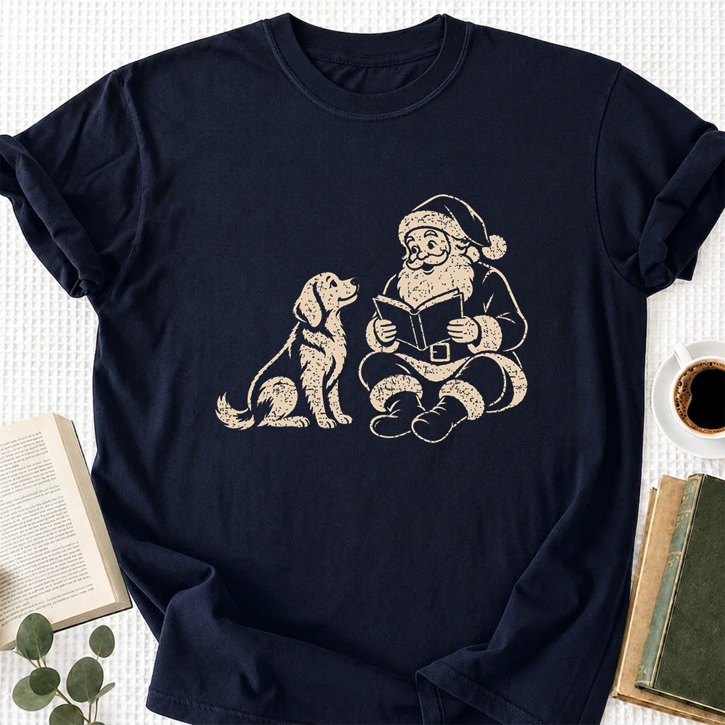 Golden Retriever And Santa Reading Printed T-Shirt | Christmas Reader Gift Navy