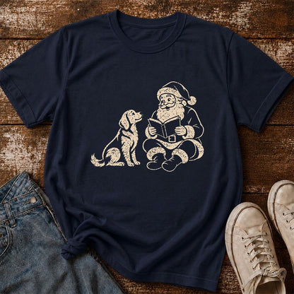 Golden Retriever And Santa Reading Printed T-Shirt | Christmas Reader Gift Navy