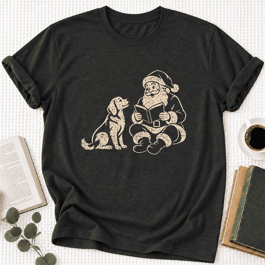 Santa And Golden Retriever Ultra-Soft Cotton T-Shirt | Christmas Reader Gift Black Heather