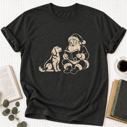 Santa And Golden Retriever Ultra-Soft Cotton T-Shirt | Christmas Reader Gift Black Heather