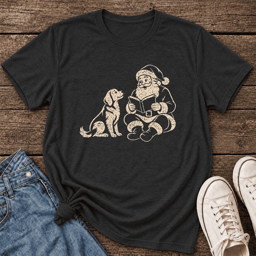 Santa And Golden Retriever Ultra-Soft Cotton T-Shirt | Christmas Reader Gift Black Heather