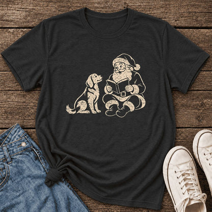 Santa And Golden Retriever Ultra-Soft Cotton T-Shirt | Christmas Reader Gift Black Heather