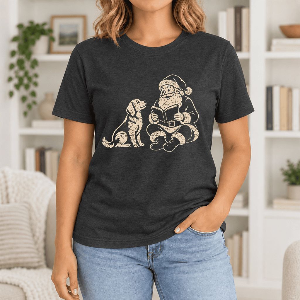 Santa And Golden Retriever Ultra-Soft Cotton T-Shirt | Christmas Reader Gift Black Heather