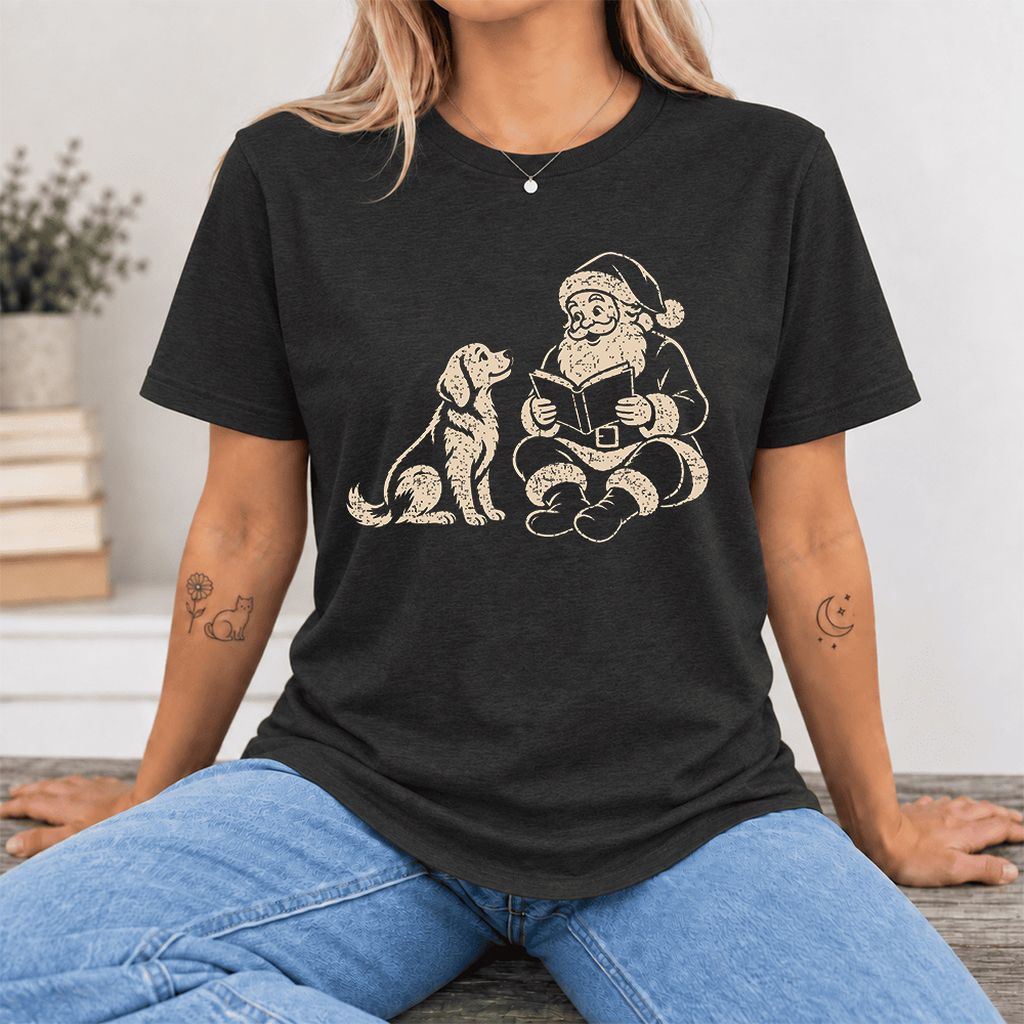 Santa And Golden Retriever Ultra-Soft Cotton T-Shirt | Christmas Reader Gift Black Heather