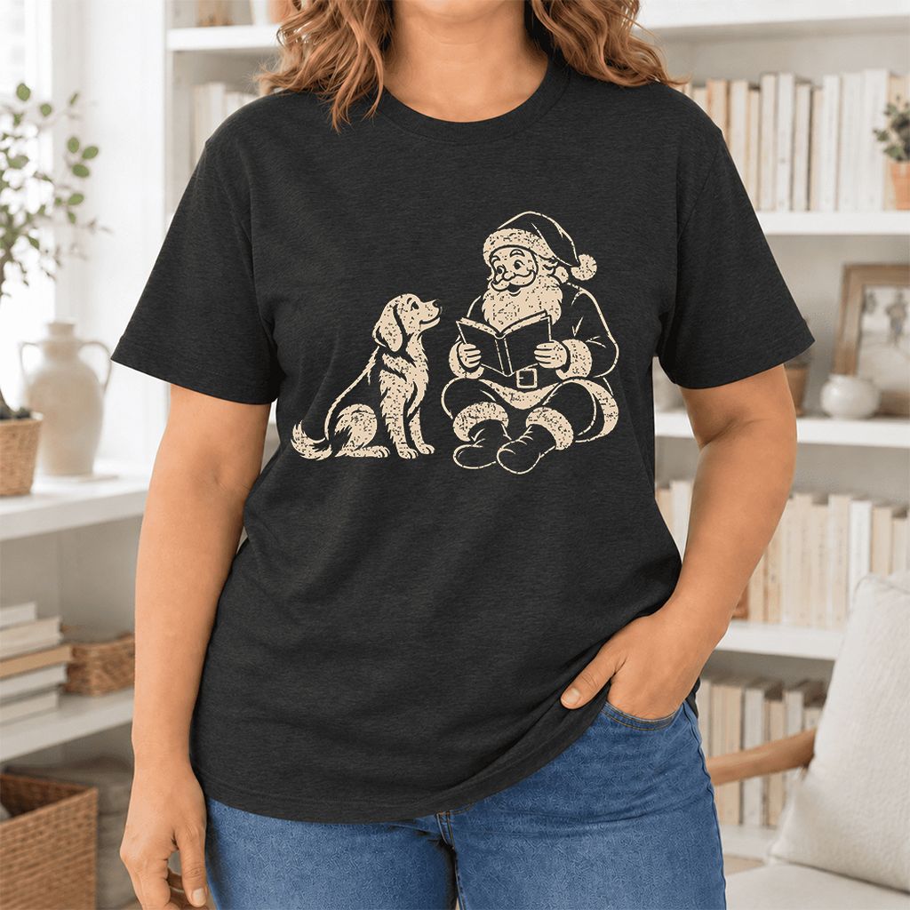 Santa And Golden Retriever Ultra-Soft Cotton T-Shirt | Christmas Reader Gift Black Heather
