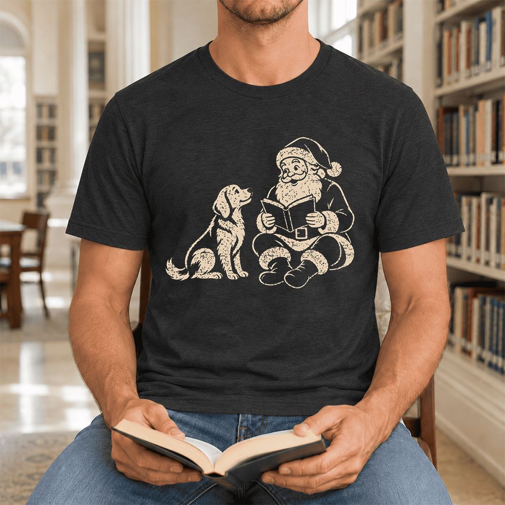 Santa And Golden Retriever Ultra-Soft Cotton T-Shirt | Christmas Reader Gift Black Heather