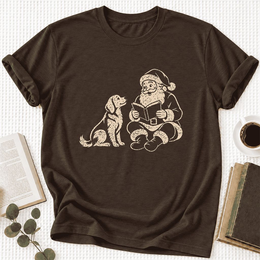 Santa And Golden Retriever Ultra-Soft Cotton T-Shirt | Christmas Reader Gift Brown
