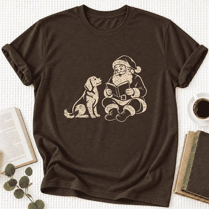Santa And Golden Retriever Ultra-Soft Cotton T-Shirt | Christmas Reader Gift Brown