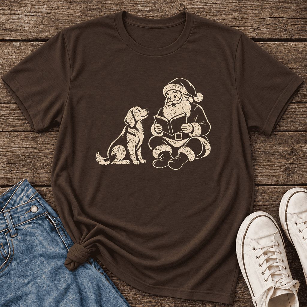 Santa And Golden Retriever Ultra-Soft Cotton T-Shirt | Christmas Reader Gift Brown