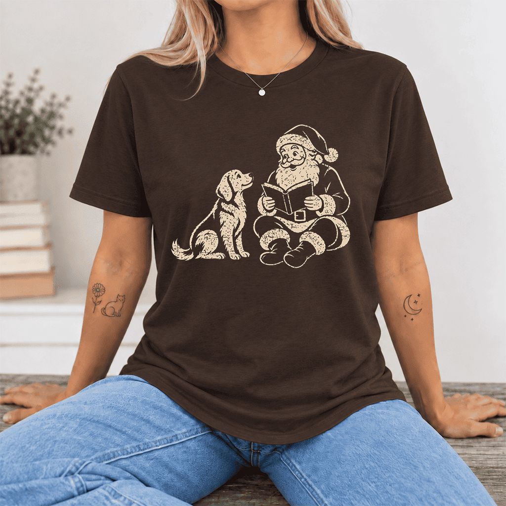 Santa And Golden Retriever Ultra-Soft Cotton T-Shirt | Christmas Reader Gift Brown