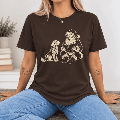 Santa And Golden Retriever Ultra-Soft Cotton T-Shirt | Christmas Reader Gift Brown