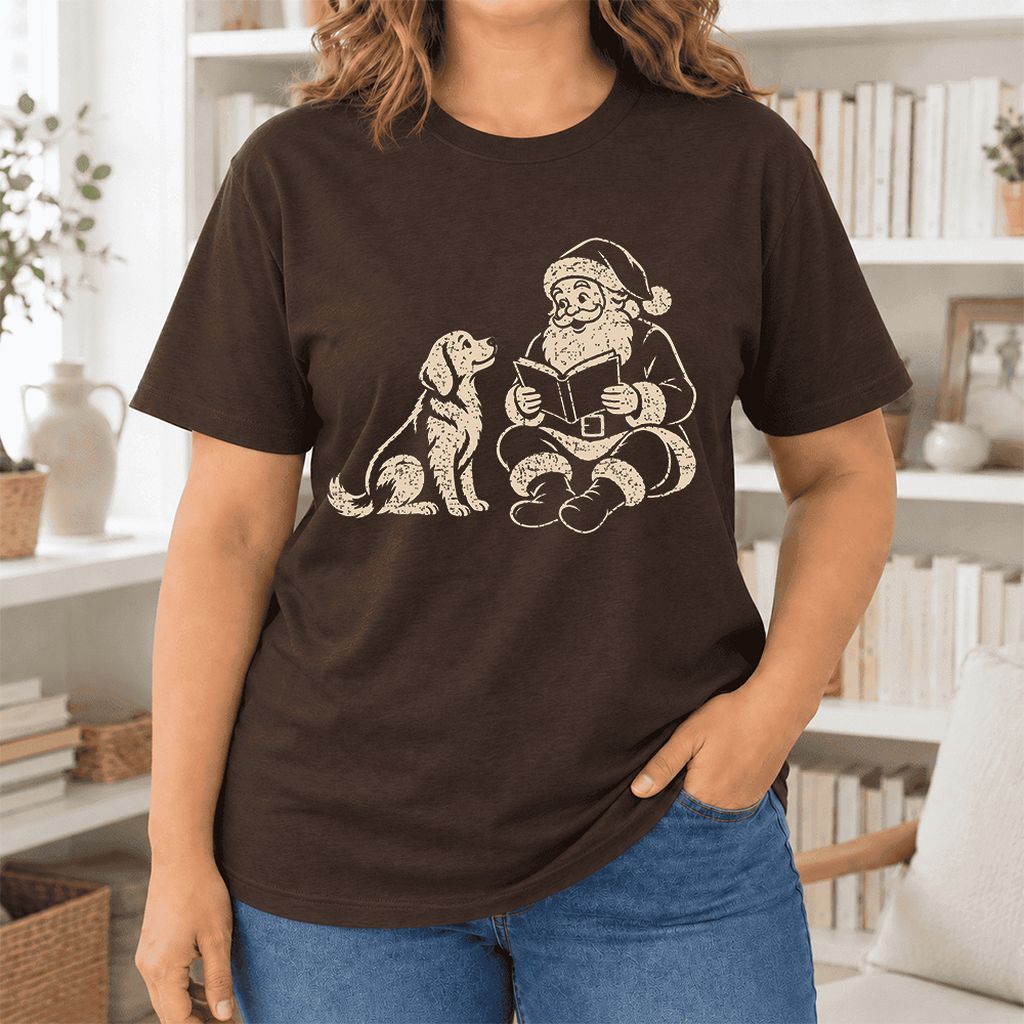 Santa And Golden Retriever Ultra-Soft Cotton T-Shirt | Christmas Reader Gift Brown