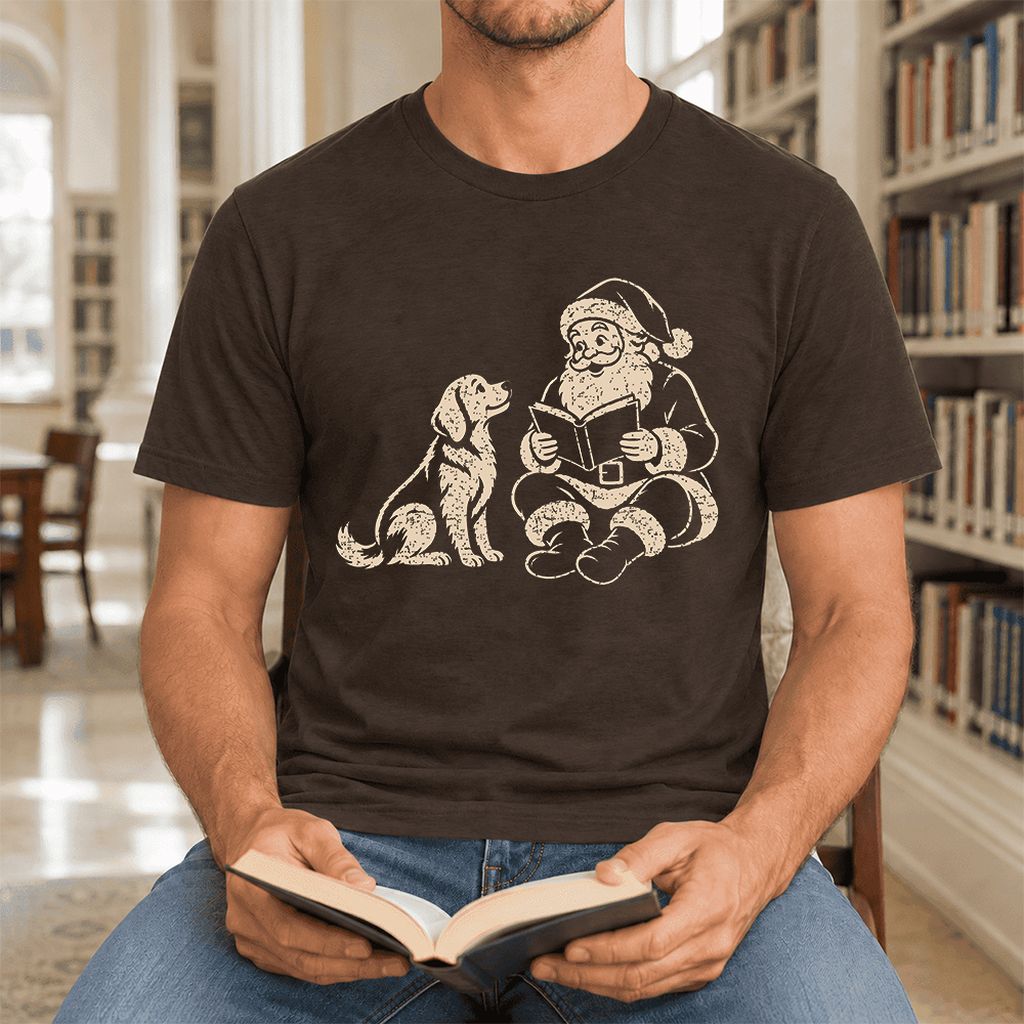 Santa And Golden Retriever Ultra-Soft Cotton T-Shirt | Christmas Reader Gift Brown