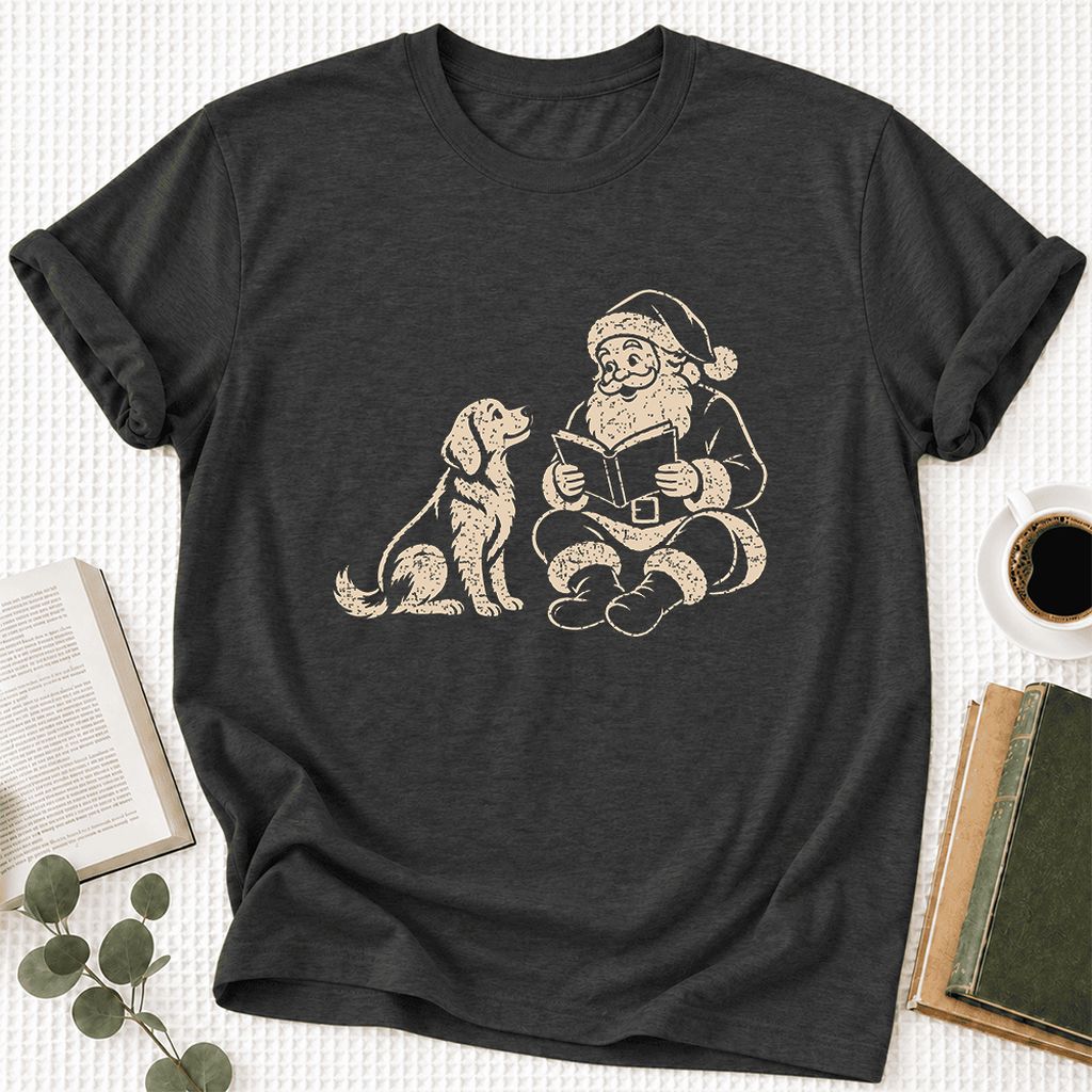 Santa And Golden Retriever Ultra-Soft Cotton T-Shirt | Christmas Reader Gift Dark Grey Heather