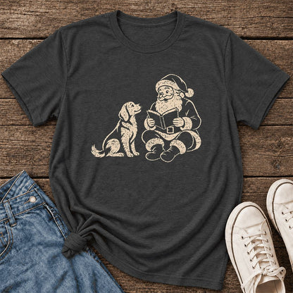 Santa And Golden Retriever Ultra-Soft Cotton T-Shirt | Christmas Reader Gift Dark Grey Heather