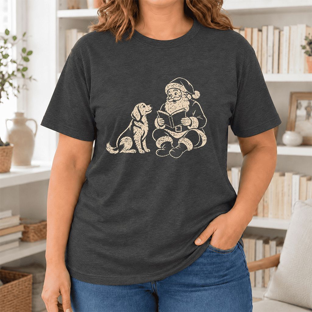 Santa And Golden Retriever Ultra-Soft Cotton T-Shirt | Christmas Reader Gift Dark Grey Heather