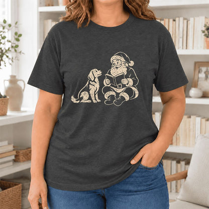 Santa And Golden Retriever Ultra-Soft Cotton T-Shirt | Christmas Reader Gift Dark Grey Heather