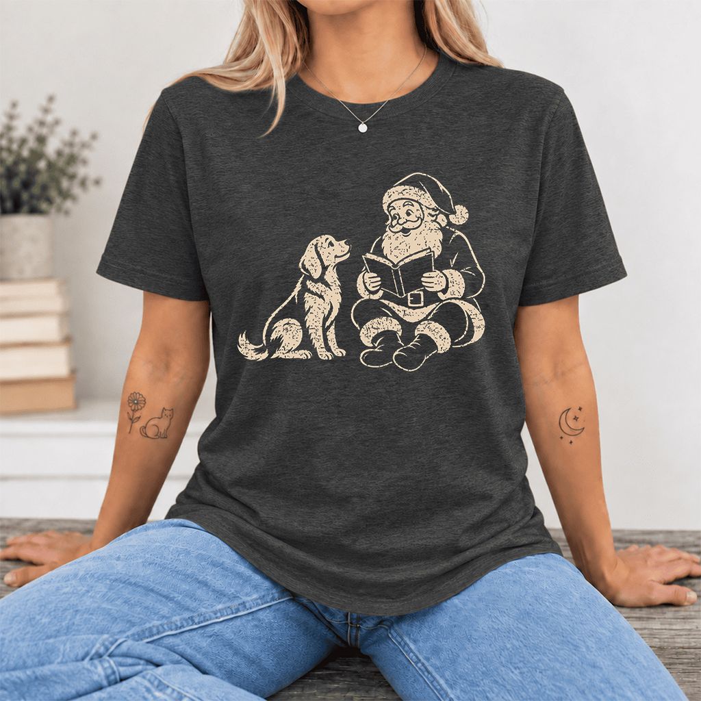 Santa And Golden Retriever Ultra-Soft Cotton T-Shirt | Christmas Reader Gift Dark Grey Heather