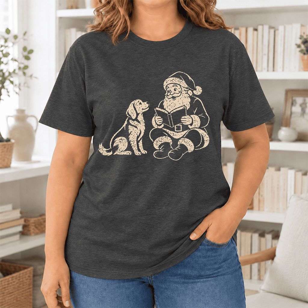 Santa And Golden Retriever Ultra-Soft Cotton T-Shirt | Christmas Reader Gift Dark Grey Heather
