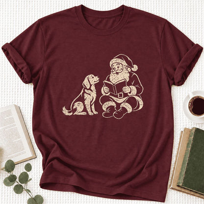 Santa And Golden Retriever Ultra-Soft Cotton T-Shirt | Christmas Reader Gift Maroon