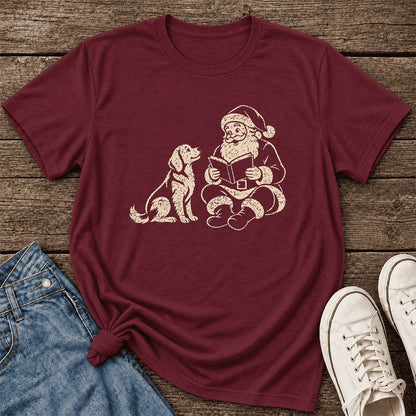 Santa And Golden Retriever Ultra-Soft Cotton T-Shirt | Christmas Reader Gift Maroon