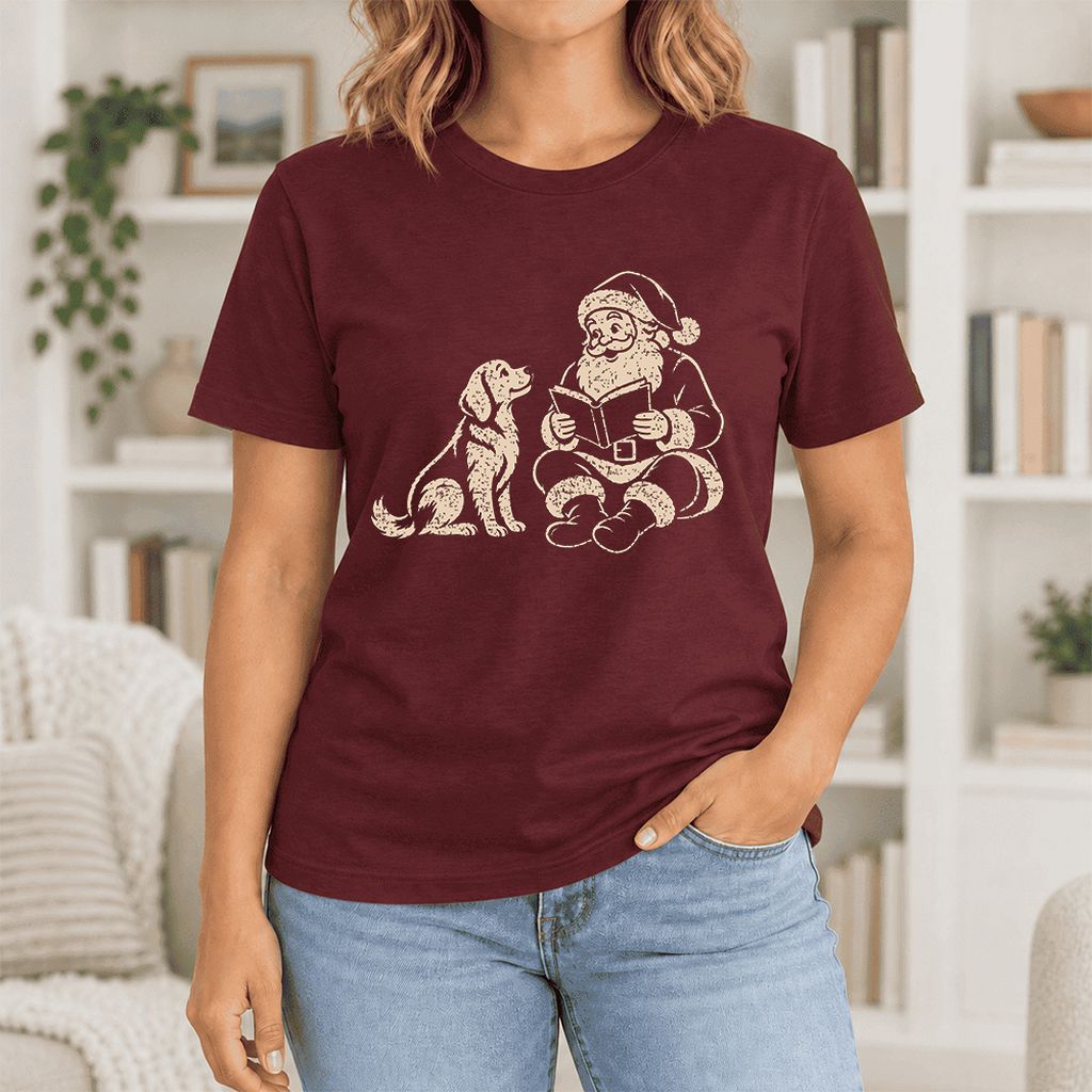 Santa And Golden Retriever Ultra-Soft Cotton T-Shirt | Christmas Reader Gift Maroon