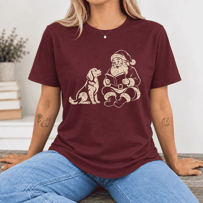 Santa And Golden Retriever Ultra-Soft Cotton T-Shirt | Christmas Reader Gift Maroon
